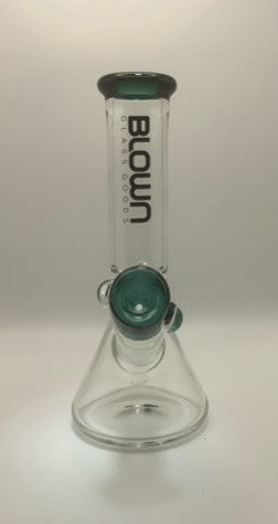 BLOWN GLASS GOODS 8" COLOR ACCENTED BEAKER WATERPIPE W/ COLOR MATCHING BOWL - DARK GREEN